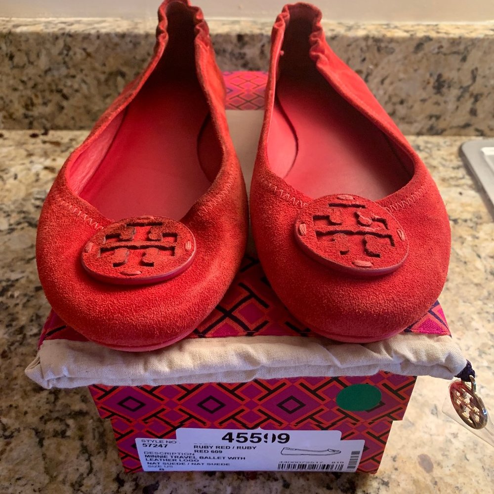 Tory Burch Minnie Red Suede Flats 8
